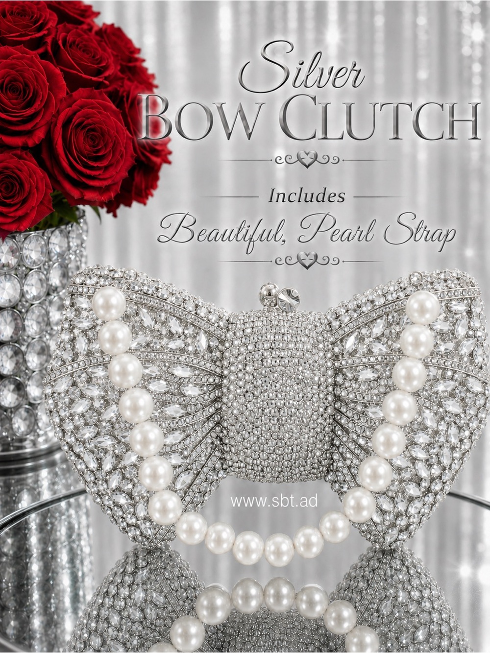 NEW Bow Clutch Purse Sparkling Bling Crystal Rhinestone Bag With Pearl Strap